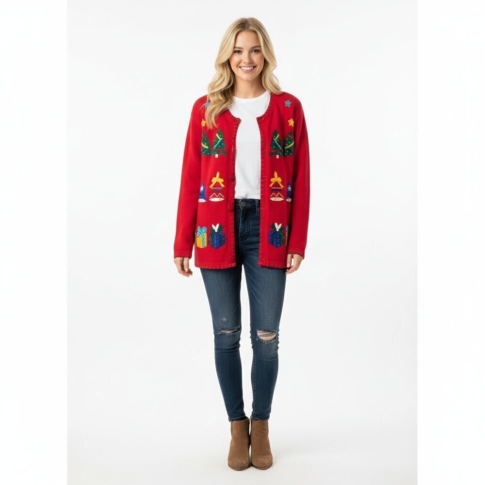 VINTAGE knit ugly Christmas sweater cardigan size medium red color